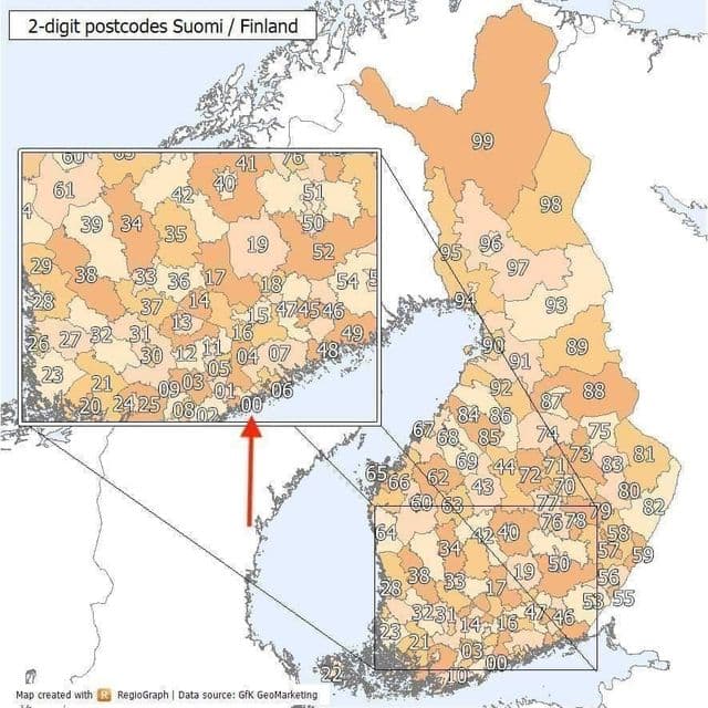Mapa de códigos postais de Helsinque