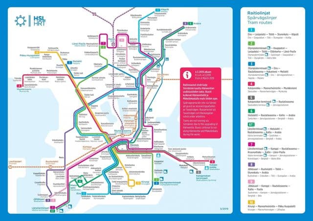 Mapa das estações de bonde de Helsinque